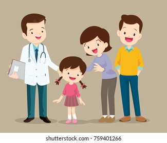 Cute family visiting the doctor. Vector illustration of a dad mom and daughter in doctor's office.
