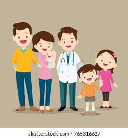 Cute family visiting the doctor. Vector illustration of a dad ,mom ,daughter,son and baby meet the doctor.