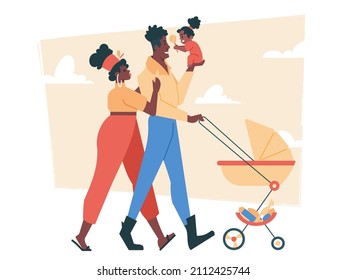 Cute family walks with a stroller. Dad holds a little daughter in his arms, mom hugs husband. Happy african american people. Vector flat illustration.