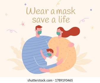 Cute family wearing face masks in flat design, concept of safe life, new normal and post COVID era