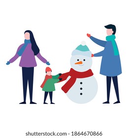 cute family wearing winter clothes with snowman vector illustration design