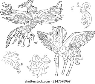 Cute fancy animals pegasus and phoenix. Doodle style, black and white background. Funny animal, coloring book pages. Hand drawn illustration in zentangle style for children and adults, tattoo.