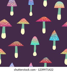 Cute, fancy, cartoon style bright muchroom. Seamless pattern, texture, background.