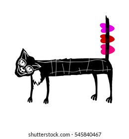 Cute fancy cat with three hearts on the tail. Vector illustration, template for Valentine's day.