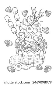 Cute fancy cupcake coloring page. Cupcake vector illustration cartoon. 
