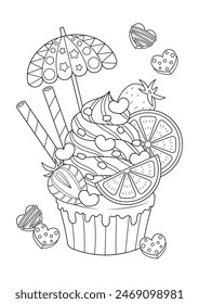 Cute fancy cupcake coloring page. Cupcake vector illustration cartoon. 
