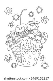 Cute fancy cupcake coloring page. Cupcake vector illustration cartoon. 
