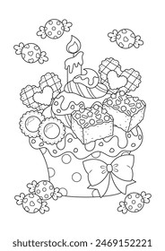 Cute fancy cupcake coloring page. Cupcake vector illustration cartoon. 
