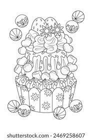 Cute fancy cupcake coloring page. Cupcake vector illustration cartoon. 
