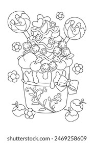 Lindo elegante cupcake para colorear página. Caricatura de Ilustración vectorial de quequitos. 
