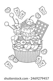 Cute fancy cupcake coloring page. Cupcake vector illustration cartoon. 
