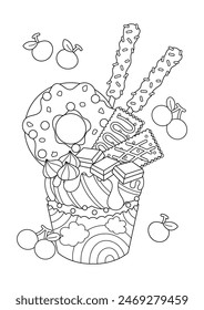 Cute fancy cupcake coloring page. Cupcake vector illustration cartoon. 
