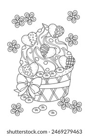 Cute fancy cupcake coloring page. Cupcake vector illustration cartoon. 
