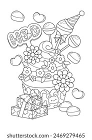 Cute fancy cupcake coloring page. Cupcake vector illustration cartoon. 
