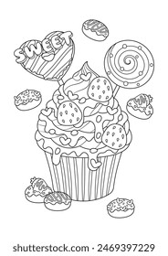 Lindo elegante cupcake para colorear página. Caricatura de Ilustración vectorial de quequitos. 
