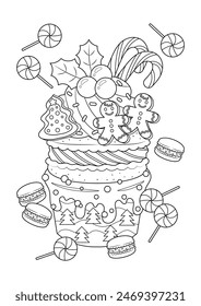 Cute fancy cupcake coloring page. Cupcake vector illustration cartoon. 
