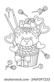 Lindo elegante cupcake para colorear página. Caricatura de Ilustración vectorial de quequitos. 
