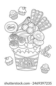 Cute fancy cupcake coloring page. Cupcake vector illustration cartoon. 
