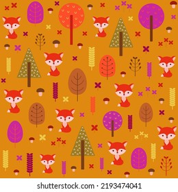 Cute fancy fall repeatable pattern with little fox in the woodland. Thanksgiving endless design vector illustration. Fun woodland animal in the autumn forest among the trees.
