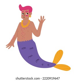 Cute and fancy gay merman with beads, hand drawn in flat style vector illustration isolated on white background