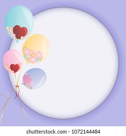 Cute fancy helium balloons with accessories inside on pastel background.