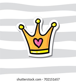 Cute fancy king queen crown sticker on striped gray background in outlined comic 80s 90s cartoon style