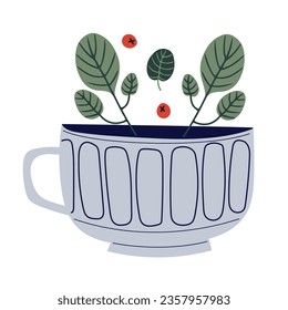 Cute and fancy teacup with herbal tea and berries. Isolated vector illustration in flat design