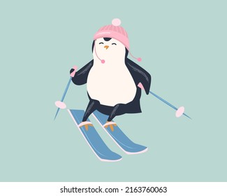  Cute and fanny penguin on skis. Winter entertainment. Isolated 