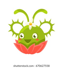 Cute fantastic green succulent plant character with spikes, nature element cartoon vector Illustration