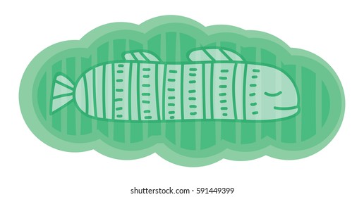 Cute and fantastic illustration. Transparent white fish in the green cloud. Element for card, banner