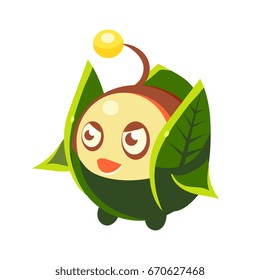 Cute fantastic plant character round shape with green leaves, nature element cartoon vector Illustration