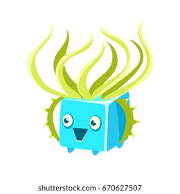 Cute fantastic turquoise plant character square shape, nature element cartoon vector Illustration