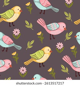 Cute Fantasy Birds Pattern on Dark Background
