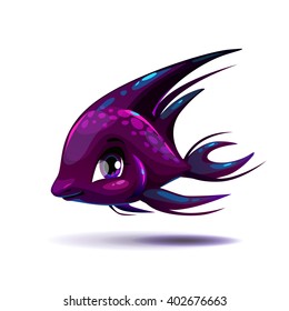 Cute fantasy black fish, aquarium unusual cartoon fish character, vector illustration, isolated on white