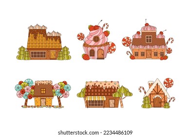 Cute fantasy candy houses with candies and decorations set. Festive gingerbread cake cottages cartoon vector illustration