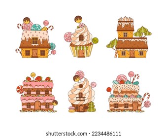Cute fantasy candy houses set. Festive gingerbread cake cottages cartoon vector illustration