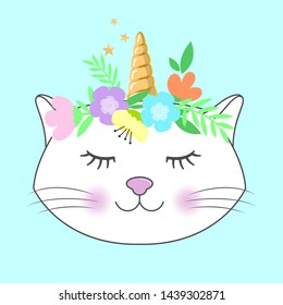 Cute fantasy cartoon cat unicorn. Picture for t-shirt graphics for kids and other uses. Design for children. Greeting card.
