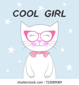 Cute fantasy cat in pink glasses. T-shirt design for kids vector illustration.