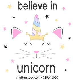 Cute fantasy cat princess unicorn. Sweet kids graphics for t-shirts.