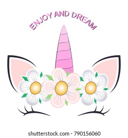 Cute fantasy cat princess unicorn. Sweet kids graphics for t-shirts. Greeting card.