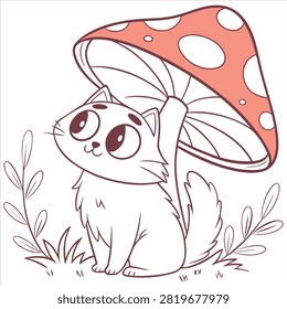 Cute Fantasy Cat Sitting Under a Magical Mushroom Cartoon Vector Illustration