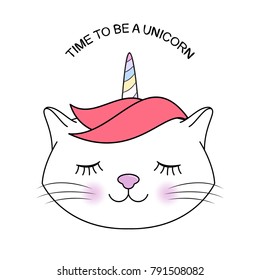 Cute fantasy cat unicorn. Picture for t-shirt graphics for kids and other uses. Design for children.