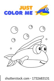 Cute fantasy coloring page with fish in the sea. Black and white cartoon vector illustration for coloring book, print or t-shirt design. Children, kids drawing template on white background.