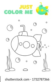 Cute fantasy coloring page with submarine in the ocean. Black and white cartoon vector illustration for coloring book, print or t-shirt design. Children, kids drawing template on white background.