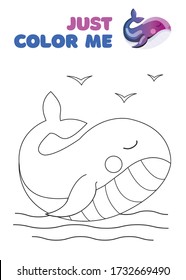 Cute fantasy coloring page with whale in the sea.  Black and white cartoon vector illustration for coloring book, print or t-shirt design. Children, kids drawing template on white background.