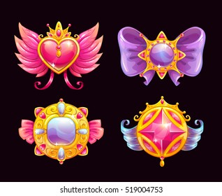 Cute fantasy decorative precious awards set. Beautiful girlish accessories. Vector icons, isolated on black background.