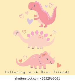 Bonito fantasia dinossauro princesa mão desenhado mágico colorido doce bebê animal personagem infantil conjunto. Linda menina dino, criatura jurássica feliz, período pré-histórico dragão rainha ilustração vetor.