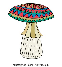 Cute fantasy doodle mushroom with ornamental cap isolated on white background. Vector illustration. 