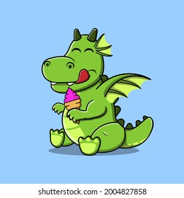 Cute Fantasy Dragon Character, isolated on a blue background. Dragon Cartoon Vector Eating Ice Cream. Children's Themed Illustration. Good for as icon, stickers, emoji, emoticon. 