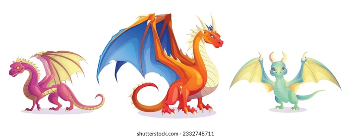 Cute fantasy dragons, fairytale magic animals. Medieval monster and funny mythical baby creatures with wings isolated on white background, vector cartoon illustration